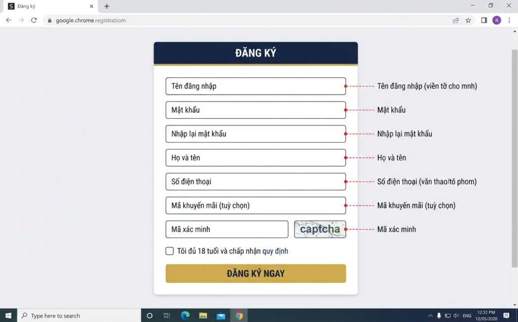Form đăng ký 8xbet trên máy tính với chú thích từng trường: tên đăng nhập, mật khẩu, họ tên, số điện thoại, mã khuyến mãi và mã xác minh