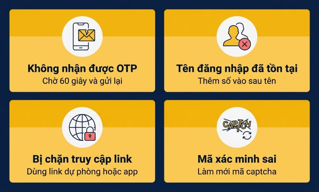Bốn lỗi thường gặp khi đăng ký 8xbet và cách khắc phục: không nhận OTP, tên đăng nhập trùng, bị chặn link, mã xác minh sai