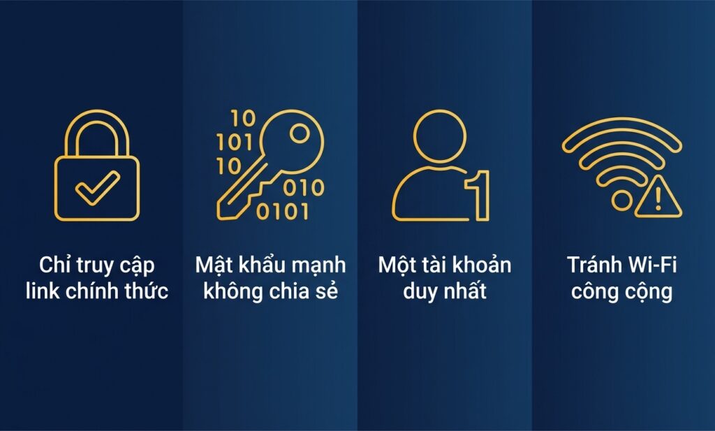 Bốn lưu ý bảo mật quan trọng khi đăng ký 8xbet: link chính thức, mật khẩu mạnh, một tài khoản duy nhất, tránh Wi-Fi công cộng